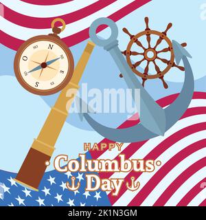 Verschiedene Schiffsoobjekte wie Anker und Kompass Columbus Day Concept Vector Stock Vektor