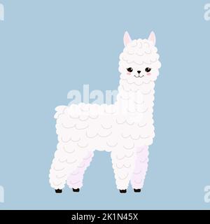 Niedliches Lama isoliert auf blauem Hintergrund. Lustige Kawaii Alpaka Charakter. Cartoon flach Stil. Illustration Stockfoto