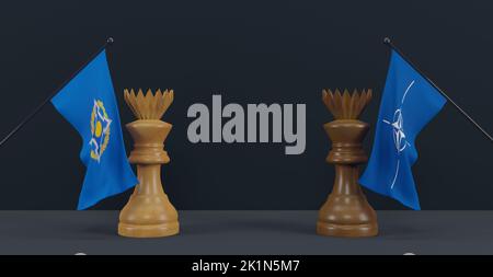 NATO-Flagge und CSTO-Flagge und Schachkönig auf Schachbrett, NATO vs CSTO-Länder politischer Konflikt und Kriegskonzept, 3D Arbeit und 3D Bild Stockfoto
