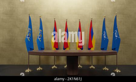 Armenien und NATO und CSTO zu Verhandlungen am Runden Tisch, Flagge Armenien und Flagge NATO und Flagge CSTO, 3D Arbeit und 3D Illustration. Stockfoto