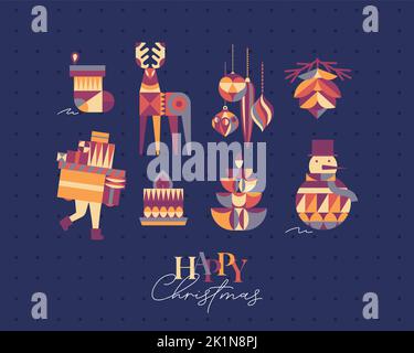 Set von Weihnachtssymbolen im Kubismus-Stil Socke, Baum, Kegel, Baum, Dekorationen, Schneemann, Kerzenzeichnung auf blauem Hintergrund Stock Vektor