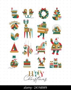 Set von Weihnachtssymbolen im kubistischen Stil Socke, Handschuhe, Kranz, Baum, Kegel, Hirsch, Geschenke, Winter Schneekugel, Vogel, Hut, Dekorationen, Pferd, Weihnachtsmann, Schneemänner Stock Vektor