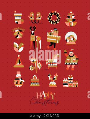 Set von Weihnachtssymbolen im kubistischen Stil Socke, Handschuhe, Kranz, Baum, Kegel, Hirsch, Geschenke, Winter Schneekugel, Vogel, Hut, Dekorationen, Pferd, Weihnachtsmann, Schneemänner Stock Vektor