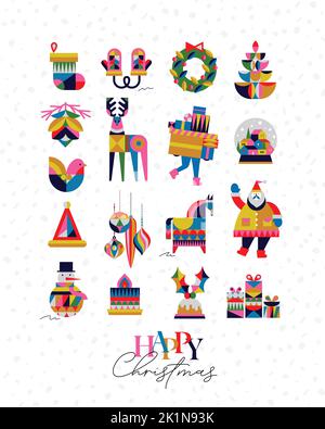 Set von Weihnachtssymbolen im kubistischen Stil Socke, Handschuhe, Kranz, Baum, Kegel, Hirsch, Geschenke, Winter Schneekugel, Vogel, Hut, Dekorationen, Pferd, Weihnachtsmann, Schneemänner Stock Vektor