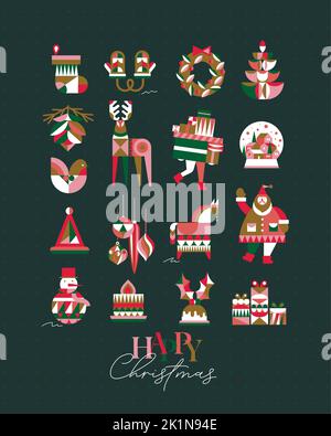 Set von Weihnachtssymbolen im kubistischen Stil Socke, Handschuhe, Kranz, Baum, Kegel, Hirsch, Geschenke, Winter Schneekugel, Vogel, Hut, Dekorationen, Pferd, Weihnachtsmann, Schneemänner Stock Vektor