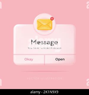 3D Neue Nachricht, Popup-Seite mit bewegem Umschlag. Social Media, Planung von Geschäftsevents, Erinnerungen. Vektorgrafik im Minimal 3D Stil Stock Vektor