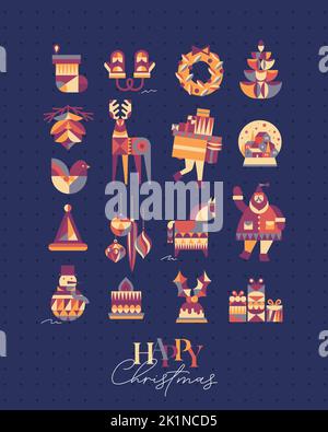 Set von Weihnachtssymbolen im kubistischen Stil Socke, Handschuhe, Kranz, Baum, Kegel, Hirsch, Geschenke, Winter Schneekugel, Vogel, Hut, Dekorationen, Pferd, Weihnachtsmann, Schneemänner Stock Vektor