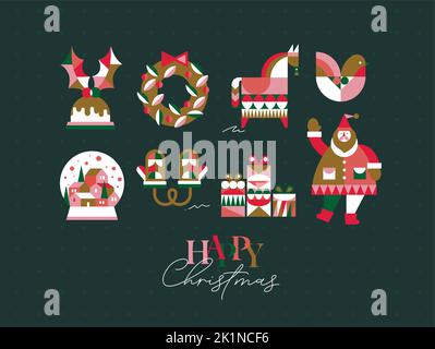 Set von Weihnachtssymbolen im Kubismus-Stil Handschuhe, Kranz, Geschenke, Winter Schneekugel, Vogel, Pferd, Santa Zeichnung auf grünem Hintergrund Stock Vektor