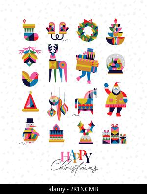 Set von Weihnachtssymbolen im kubistischen Stil Socke, Handschuhe, Kranz, Baum, Kegel, Hirsch, Geschenke, Winter Schneekugel, Vogel, Hut, Dekorationen, Pferd, Weihnachtsmann, Schneemänner Stock Vektor