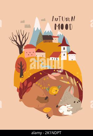 Cartoon-Tiere schlafen in Den in der Nähe von Little Town Stock Vektor