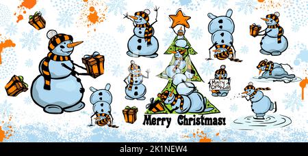 Druck auf Becher Frohe Weihnachten. Viele Schneemänner. Vektorgrafik Stock Vektor