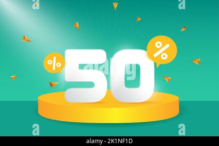 50 % Rabatt. Rabatt auf kreative Komposition. 3D Verkaufssymbol mit dekorativen Objekten, Podium. Werbebanner und Poster Stock Vektor