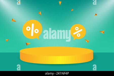 3D Podium. Rabatt auf kreative Komposition. 3D Verkaufssymbol mit dekorativen Objekten, Podium. Werbebanner und Poster Stock Vektor