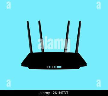 Moderner Wireless wi-Fi-Router in Schwarz mit vier Antennen und blauem Anzeigelogo. WLAN-Router-Konzept, Internet-Signal, Internet, verbunden. Stock Vektor