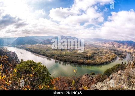 Panorama der Wachau mit Schiff auf der Donau im Herbst in Österreich, UNESCO Stockfoto