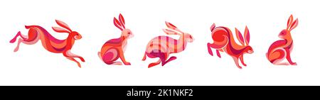 Sammlung von laufenden, springenden Kaninchen, Hasen Illustrationen. Chinesisches Neujahr 2023 Jahr des Kaninchens, chinesisches Tierkreiszeichen. Stock Vektor