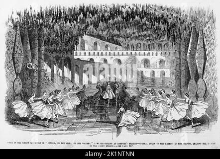 Szene im großen Schauspiel von „Ondina, oder der Geist der Wasser“, das jetzt im Barnum Museum auftrat - Ondina, Königin der Naiaden, in ihrer Grotte, die den Ritter in die Feenregionen führt. Januar 1862. 19.. Jahrhundert Illustration aus Frank Leslie's Illustrated Newspaper Stockfoto