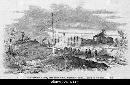 Krieg in Kentucky - Nolin Station, nahe Green River, Kentucky. Februar 1862. Illustration des amerikanischen Bürgerkriegs des 19.. Jahrhunderts aus Frank Leslie's Illustrated Newspaper Stockfoto