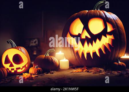 Kerzen flackern und Kürbisse sitzen nachts an Halloween auf einem Tisch im Dunkeln. 3D Illustration und Fantasy digitale Malerei. Stockfoto