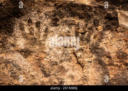 Alte Handdrucke auf der Wall of Cave Spring im Canyonlands National Park Stockfoto