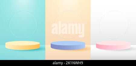 Set Podium realistische 3D Zylinder Podest Podium mit Kreis Neonlampe Hintergrund. Abstrakter Vektor, der geometrische Formen wiedergibt. Minimale Szene. Bühne Stock Vektor