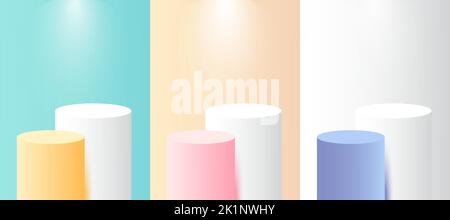 Set Podium realistische 3D Zylinder Podest Podium mit Kreis Neonlampe Hintergrund. Abstrakter Vektor, der geometrische Formen wiedergibt. Minimale Szene. Bühne Stock Vektor