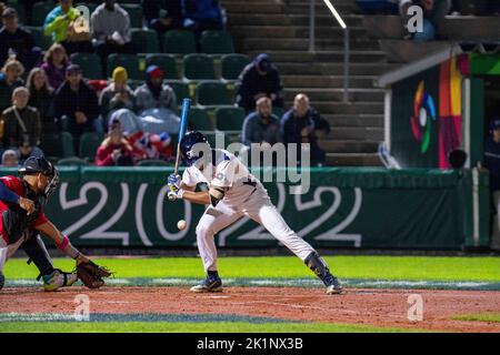 Regensburg, Bayern, Deutschland. 16. September 2022. Der französische Außenfeldspieler LEO JIMINIAN (21) beobachtet im Armin Wolf Stadium in Regensburg einen Pitch in der World Baseballclassic Qualifier gegen Großbritannien. (Bild: © Kai Dambach/ZUMA Press Wire) Stockfoto