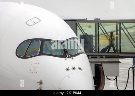 An einem Winterflughafen mit fallendem Schnee steigen Passagiere aus dem Flugzeug in den Tunnel Stockfoto