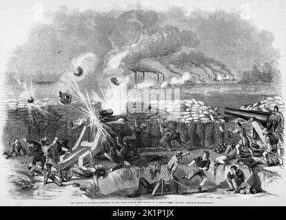 Die Kampagne in Tennessee - Bombardierung von Fort Henry - Innenansicht - Bersten einer entzogenen 42-Pfund-Waffe. 6.. Februar 1862. Schlacht von Fort Henry. Illustration des amerikanischen Bürgerkriegs des 19.. Jahrhunderts aus Frank Leslie's Illustrated Newspaper Stockfoto