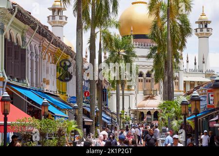 Bussorah Street und Sultan Moschee im Dorf Kampong Glam Stockfoto