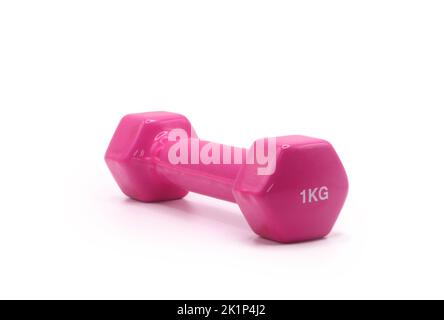 Rosa Kurzhantel mit einem Kilogramm Gewicht auf weißem Hintergrund Stockfoto