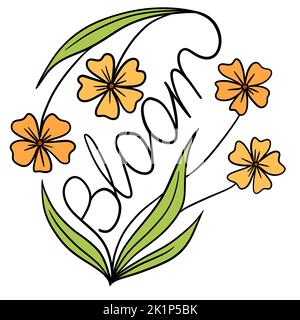 Handgezeichnete Illustration von floralem Design mit Blüte Wort orange Blumen grüne Blätter. Motivierende Affirmation im minimalistischen Stil, Natur Pflanze Kraut wilden Garten, schwarze Linie Laub Stockfoto