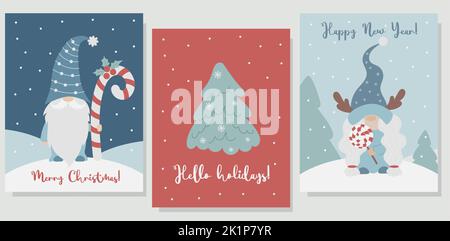 Weihnachts-Grußplakate mit Gnomen. Niedliches skandinavisches Gnom-Mädchen mit Lollipop, Neujahr-Gnom mit Karamellstock auf schneebedecktem Hintergrund mit Congrat Stock Vektor
