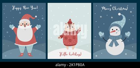 Set mit verschiedenen weihnachtskarten, Einladung. Frohe Weihnachten Grußkarten Design mit niedlichen Weihnachtsfiguren Santa Claus, Schneemann und Chipmunk. Stock Vektor
