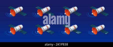 Kommunikationssatellit mit Antenne und abstrakten Signalwellen. Telekommunikations- oder gps-Systemstation auf der Erdumlaufbahn, Vektor-isometrische Animation Sprite Blatt Stock Vektor
