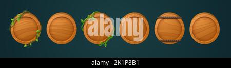 Spiel Holzknöpfe oder Benutzer Avatar Rahmen mit Dschungel Reben und Seile. Leere Kreispaneele aus braunem Holz, auf Hintergrund isolierte runde Holzplanken, Vektor-Zeichentrickserie Stock Vektor