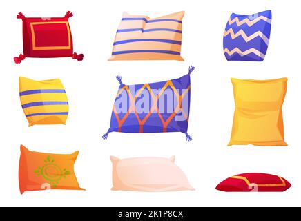 Niedliche weiche Kissen für Bett und Sofa. Quadratische und rechteckige Kissen für Schlaf-, Ruhe- und Schlafzimmerdekoration. Bequeme Farbe dekorative Kissen auf weißem Hintergrund isoliert, Vektor-Cartoon-Set Stock Vektor