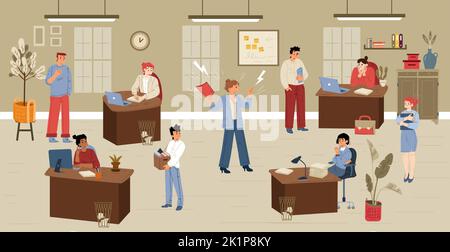 Wütender Chef ruft die Mitarbeiter im Büro an. Managerin schimper Menschen am Arbeitsplatz. Schlechte Kommunikation im Unternehmen, Druck und Stress bei der Arbeit, Vektorgrafik flach Illustration Stock Vektor