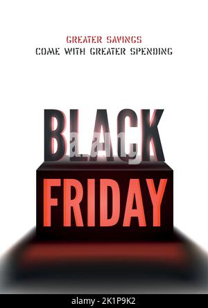 Black friday Mega Verkauf Vektor Poster Vorlage auf weiß. Heller Spotlight Strahl beleuchtet größte Shopping-Event 3D Inschrift. Rabatte bieten Werbung mit Copyspace. Verkauf demnächst Banner Design Stock Vektor