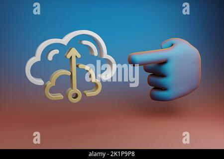 Schöne Illustrationen abstrakte Hand Zeigefinger zeigt auf Cloud Database Server Symbol-Symbol auf einem mehrfarbigen hellen Hintergrund. 3D Rendering illustrr Stockfoto