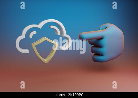 Schöne Illustrationen abstrakte Hand Zeigefinger zeigt auf Cloud Database Security Symbol-Symbol auf einem mehrfarbigen hellen Hintergrund. 3D Rendering illus Stockfoto