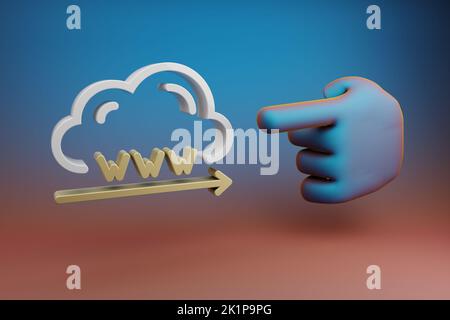Schöne Illustrationen abstrakte Hand Zeigefinger zeigt auf Cloud Domain Name Symbol Symbol auf einem mehrfarbigen hellen Hintergrund. 3D Rendering illustrationo Stockfoto