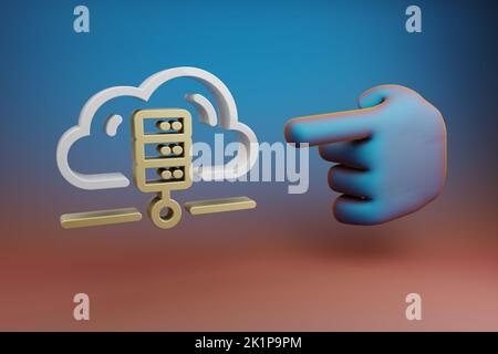Schöne Illustrationen abstrakte Hand Zeigefinger zeigt auf Cloud Database Server Symbol-Symbol auf einem mehrfarbigen hellen Hintergrund. 3D Rendering illustrr Stockfoto