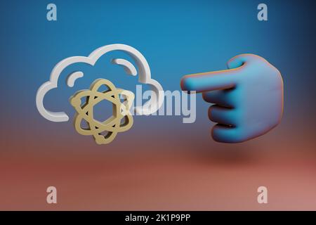 Schöne Illustrationen abstrakte Hand Zeigefinger zeigt auf Cloud Quantum Server Symbol-Symbol auf einem mehrfarbigen hellen Hintergrund. 3D Rendering illustraa Stockfoto