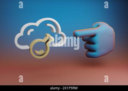 Schöne Illustrationen abstrakte Hand Zeigefinger zeigt auf Cloud Server Technologie Symbol Symbol auf einem mehrfarbigen hellen Hintergrund. 3D Rendering illus Stockfoto