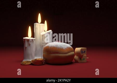 3D Rendering Bild des jüdischen Feiertages Hanukkah mit brennenden Kerzen, Goldmünze und hölzernen Dreideln oder Spinning Top auf einem roten Flor und schwarzem Hintergrund. Stockfoto