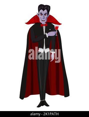 Dracula Vampir Charakter in schwarz rotem Umhang mit Weinglas. Vektorgrafik Cartoon-Stil Stock Vektor