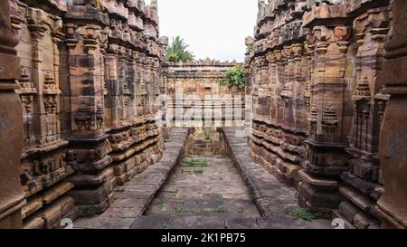 Ansicht von Naga Kunda mit geschnitzten Wänden, Brunnen aus dem 11.. Jahrhundert, Sudi, Gadag, Karnataka, Indien. Stockfoto