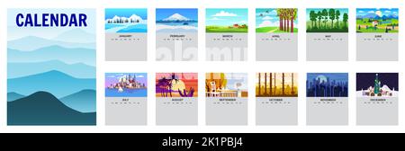Vorlage Kalender Landschaft natürliche Hintergründe von vier Jahreszeiten Stock Vektor