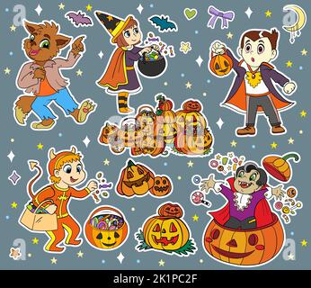 Halloween Figuren und Elemente Sticker Set. Hexe, Vampir, Werwolf. Halloween-Konzept. Vektorgrafik Cartoon-Illustration. Für Aufkleber, Karten, Design, Stock Vektor